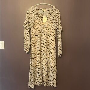 Cream Polka Dot Midi Dress with Ruffle Detail and chiffon sleeves NWT